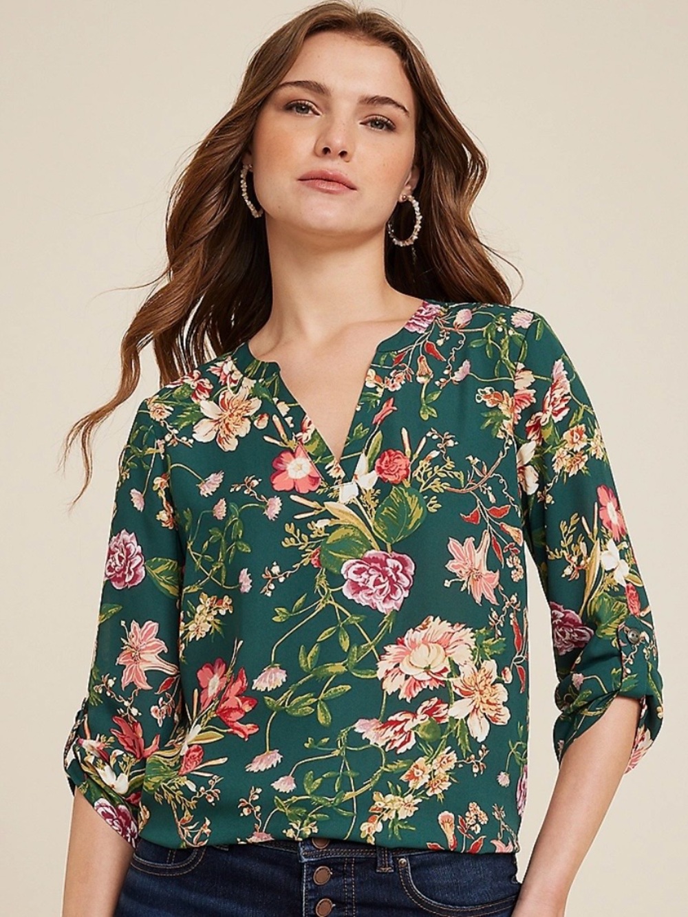 Maurices Women’s Atwood Green Floral Roll Tab  3/4 Sleeve Popover Blouse Size M